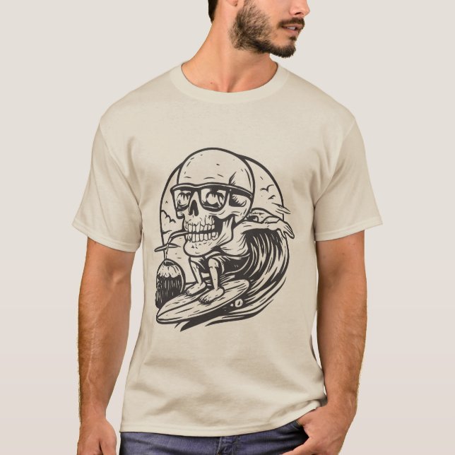 Camiseta Funny Skull Surfing Drinking Coconut Summer Beach  (Frente)
