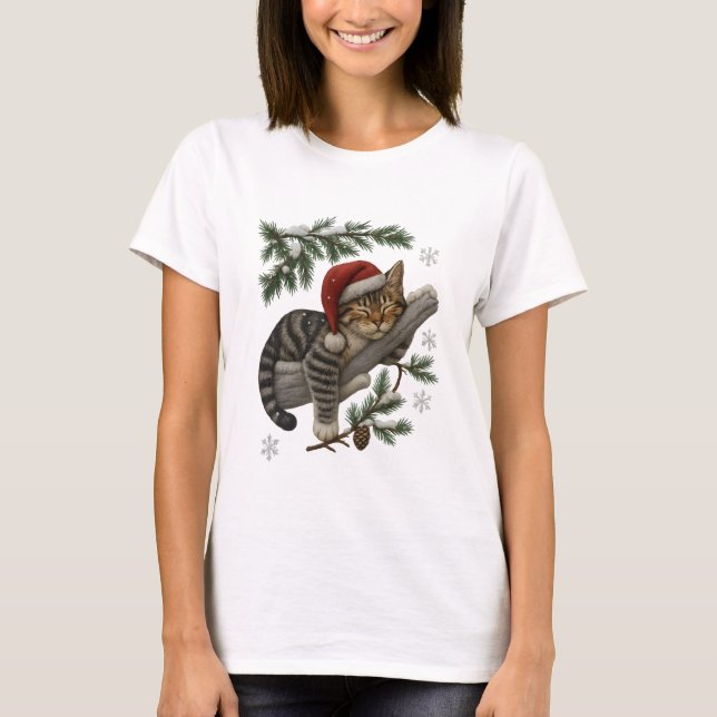 Camiseta Funny Sleeping Christmas Cat with Santa Hat (Frente)