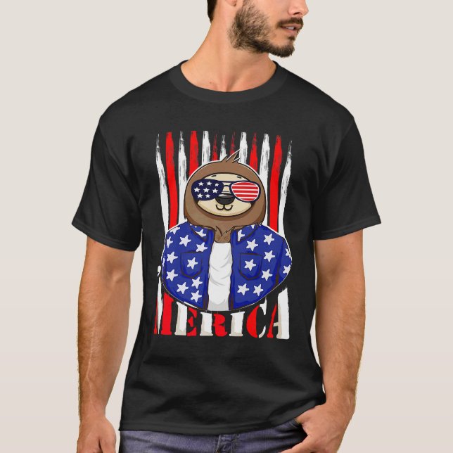 Camiseta Funny Sloth 4 de julho Merica Quarto de Patriótico (Frente)