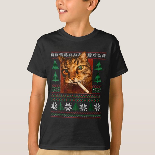 Camiseta Funny Smoking Cat Meme Christmas Ugly  (Frente)