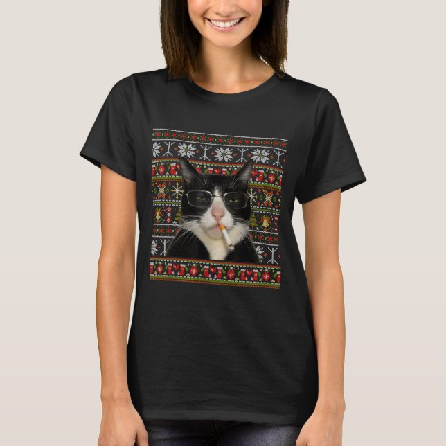 Camiseta Funny Smoking Cat Meme Christmas Ugly Sweater Cat  (Frente)