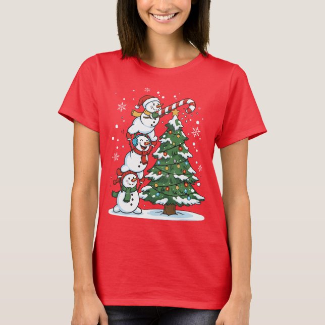 Camiseta Funny Snowmen and Christmas Tree Cute Holiday  (Frente)