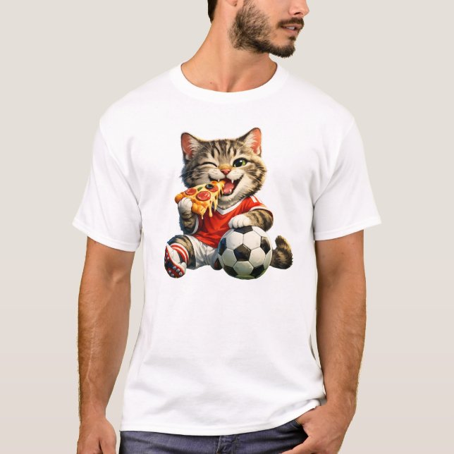 Camiseta Funny Soccer Cat Eating Pizza Cartoon Design (Frente)