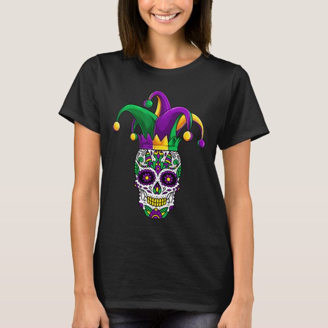 Camiseta Funny Sugar Skull Mardi Gras Party Roupa (Frente)