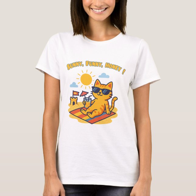Camiseta Funny Summer Cat T-Shirt – "Sunny, Funny, Honey!" (Frente)