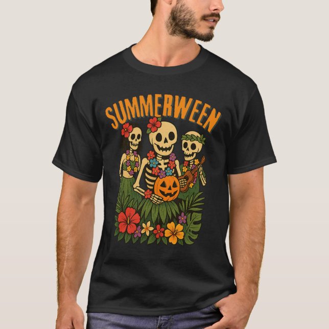 Camiseta Funny Summerween Skeletons Luau Party Halloween Be (Frente)