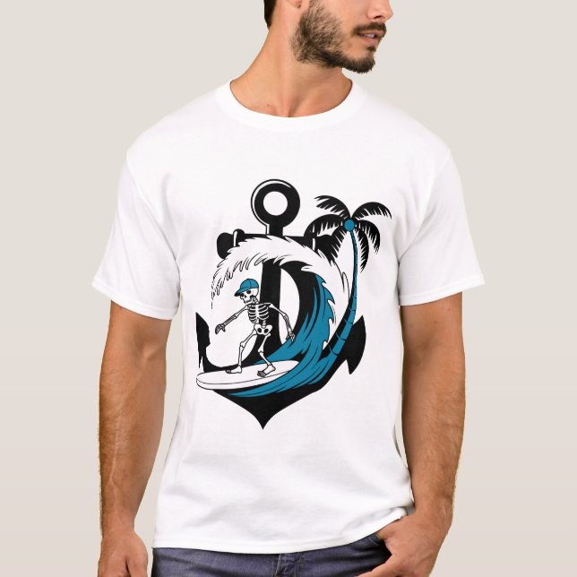 Camiseta Funny Surfing Skeleton Beach Vibes Summer Surf Tee (Frente)