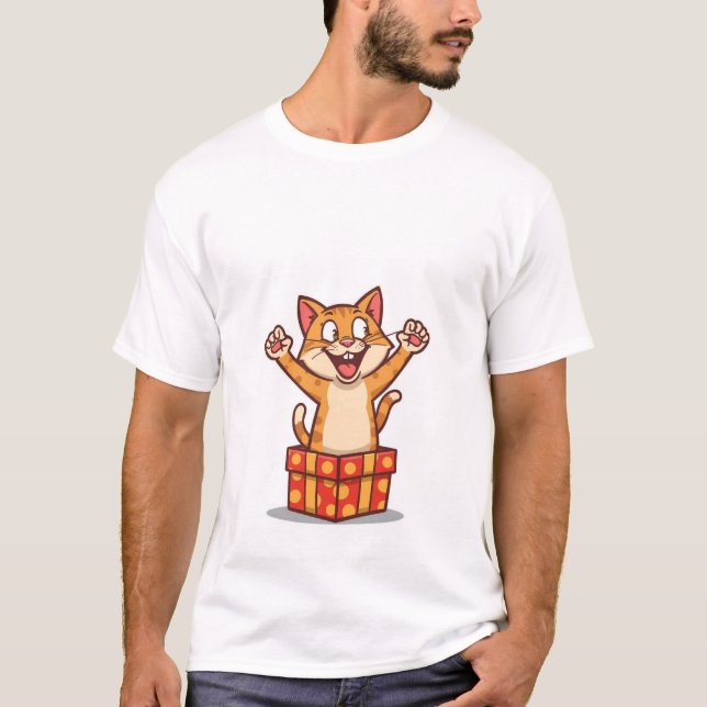 Camiseta Funny Surprised Cat Jumping Out of Gift Box✨🎁 (Frente)