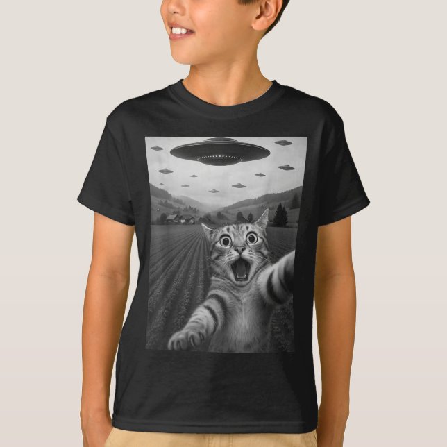 Camiseta Funny Surprised Ed Cat Selfie With Alien Ufo Cat U (Frente)