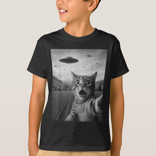 Camiseta Funny Surprised Ed Cat Selfie With Alien Ufo Cat U (Frente)