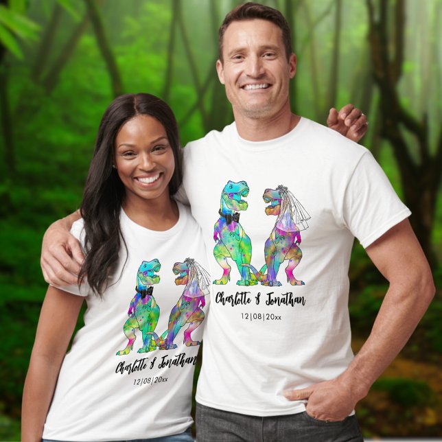 Camiseta Funny T-Rex Noiva e Casamento de Dinossauro (Dinosaur wedding T-Rex bride and groom tshirts colorful Jurassic dino watercolor )