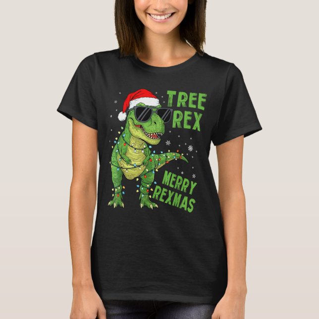 Camiseta Funny Tree Rex Christmas Dinosaur Santa Hat Lights (Frente)