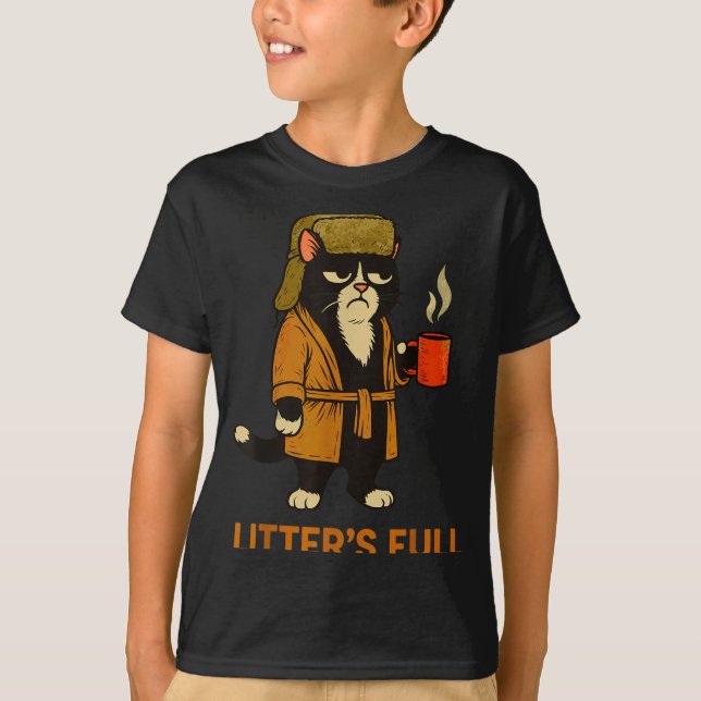 Camiseta Funny Tuxedo Cat “litter’s Full” Coffee, Cat Parod (Frente)