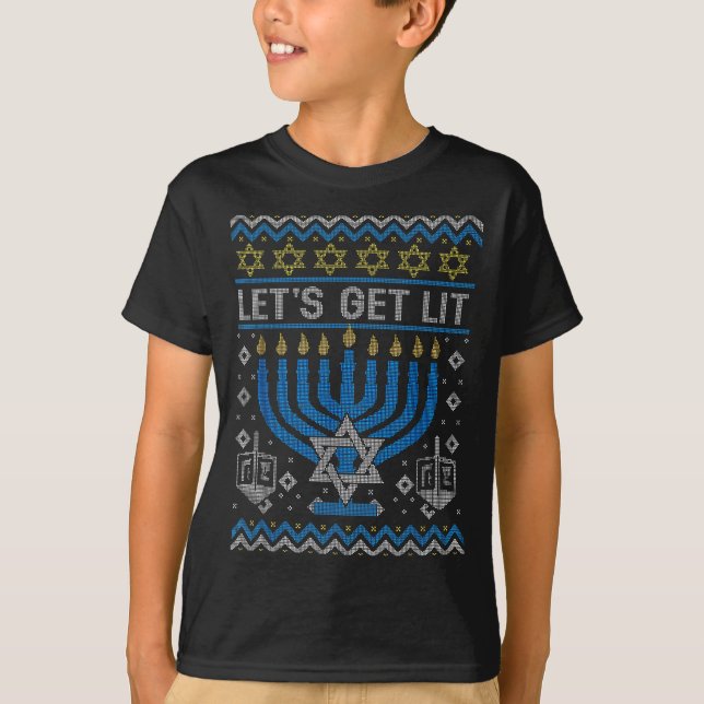 Camiseta Funny Ugly Hanukkah Sweater Lets Get Lit Menorah J (Frente)