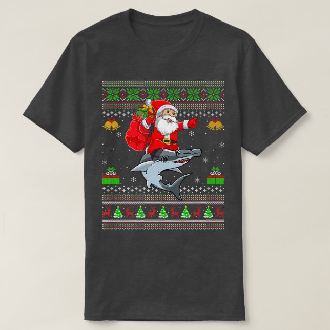 Camiseta Funny Ugly Xmas Santa Riding Hammerhead Shark Fish (Frente do Design)