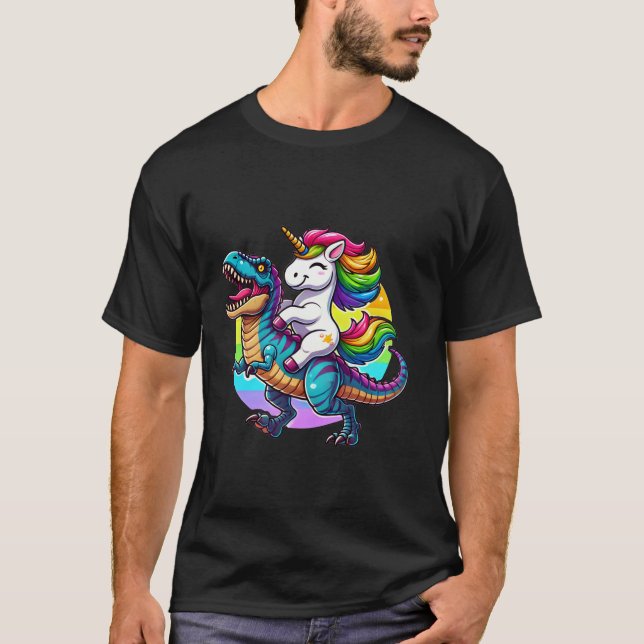 Camiseta Funny Unicorn Andando Dinossauro T Rex Rainbow Duo (Frente)