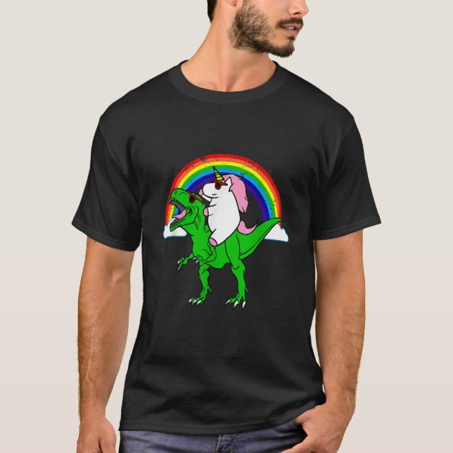 Camiseta Funny Unicorn Andando Dinossauro T Rex Rainbow Gif (Frente)
