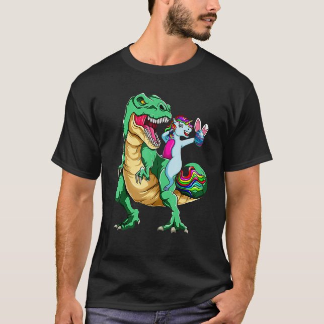 Camiseta Funny Unicorn Riding T Rex Dinosaur Bunny Rainbow  (Frente)