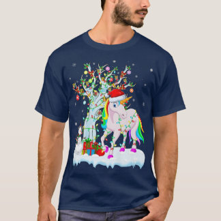 Camiseta Funny Unicorn Xmas Tree Lighting Santa Hat Unicorn