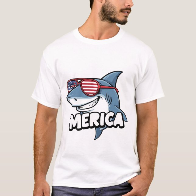 Camiseta Funny USA Flag Sunglasses Cool American Cute SharK (Frente)