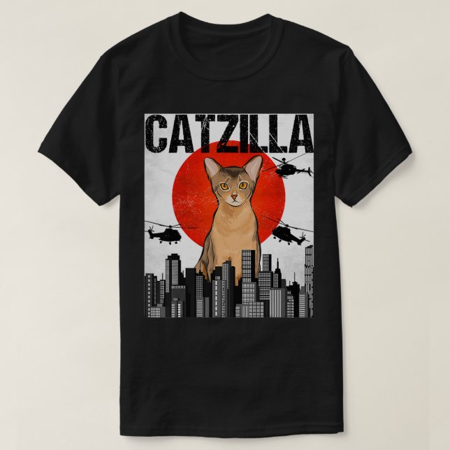 Camiseta Funny Vintage Japonês Catzilla Abyssinian Cat (Frente do Design)