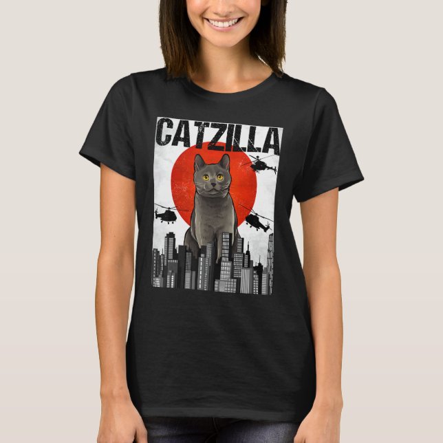 Camiseta Funny Vintage Japonês Catzilla Chartreux Cat (Frente)