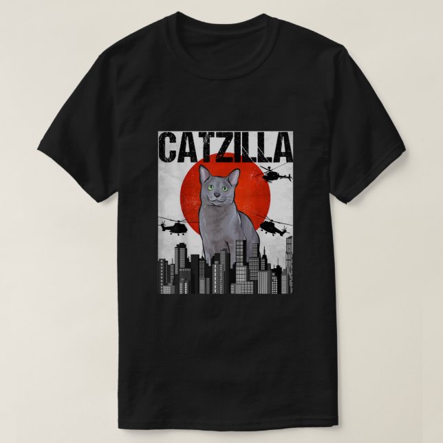 Camiseta Funny Vintage Japonês Catzilla Russo Blue Cat (Frente do Design)