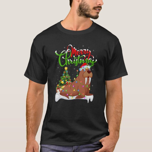 Camiseta Funny Walrus Amante de os animais Xmas Lighting Wa (Frente)