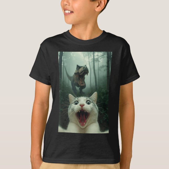 Camiseta Funny White Cat Selfie With T-rex Dinosaur, Cat Ki (Frente)