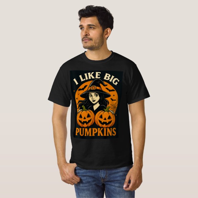 Camiseta Funny Witch “I Like Big Pumpkins” Art (Frente Completa)