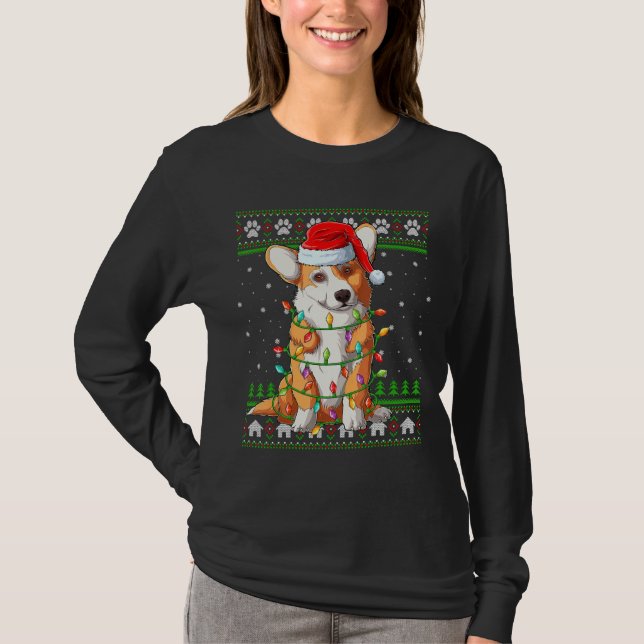 Camiseta Funny Xmas Lighting Santa Hat Ugly Welsh Corgi Chr (Frente)