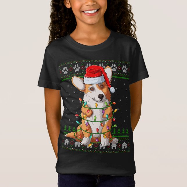 Camiseta Funny Xmas Lighting Santa Hat Ugly Welsh Corgi Chr (Frente)