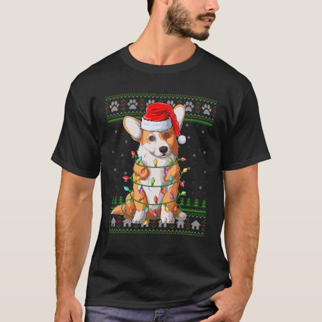 Camiseta Funny Xmas Lighting Santa Hat Ugly Welsh Corgi Chr (Frente)