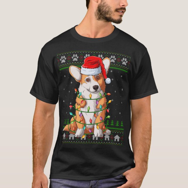 Camiseta Funny Xmas Lighting Santa Hat Ugly Welsh Corgi Chr (Frente)