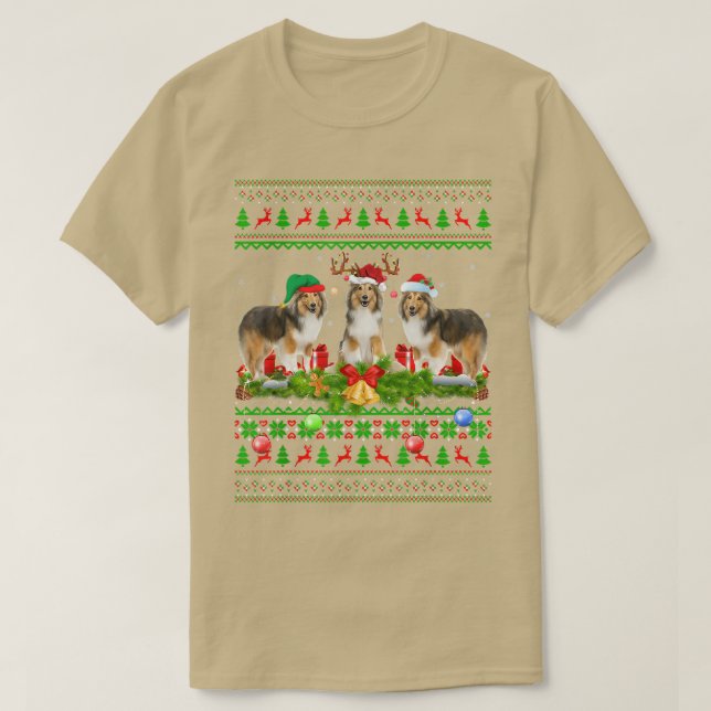 Camiseta Funny Xmas Lighting Santa Ugly Shetland Sheepdog C (Frente do Design)