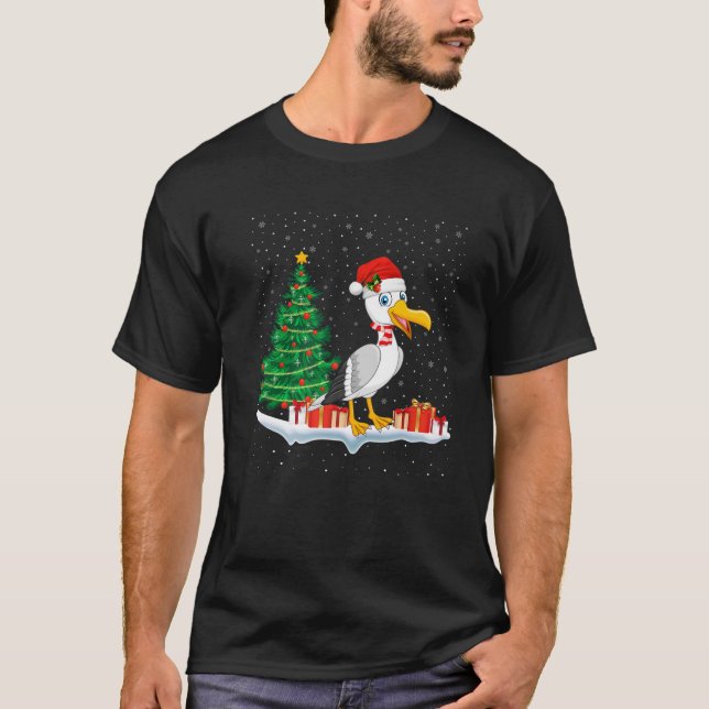 Camiseta Funny Xmas Lighting Tree Santa Hat Seagull Christm (Frente)