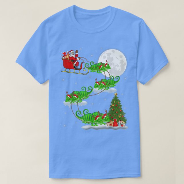 Camiseta Funny Xmas Lighting Tree Santa Riding Chameleon Ch (Frente do Design)