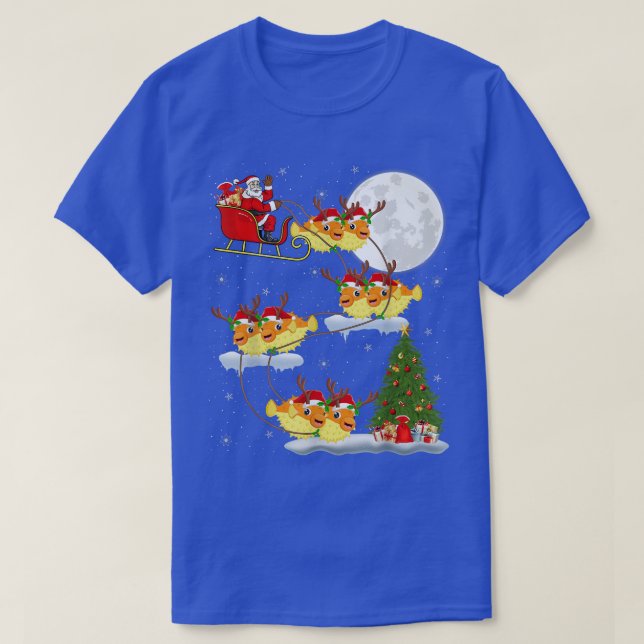 Camiseta Funny Xmas Lighting Tree Santa Riding Puffer Fish  (Frente do Design)