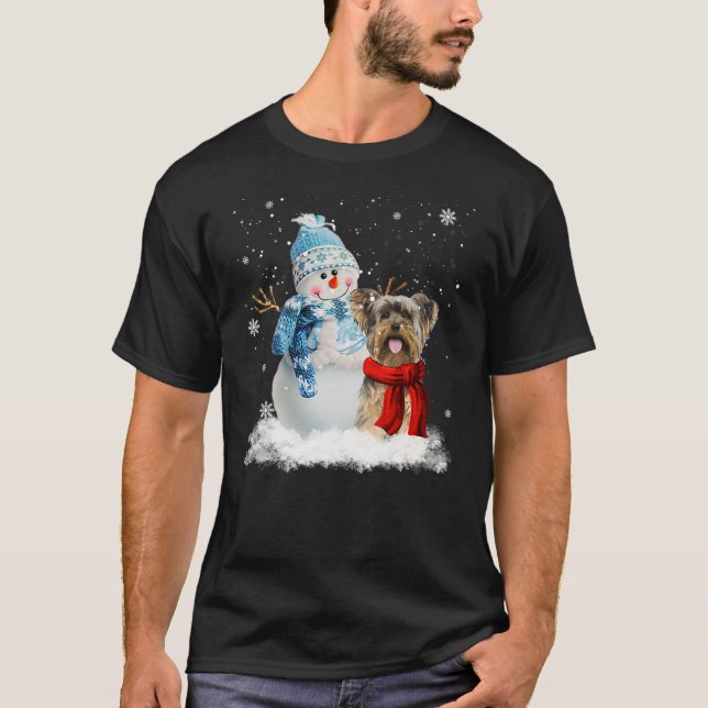Camiseta Funny Yorkie Dog Christmas Snowman Christmas Pajam (Frente)