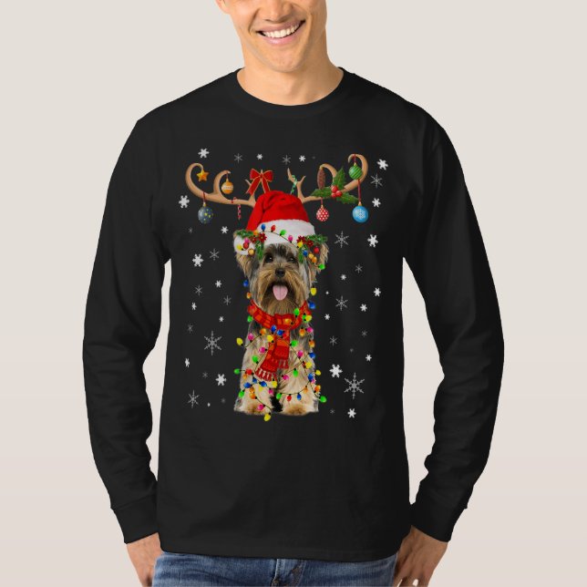 Camiseta Funny Yorkshire Dog Christmas Reindeer Lights Xmas (Frente)