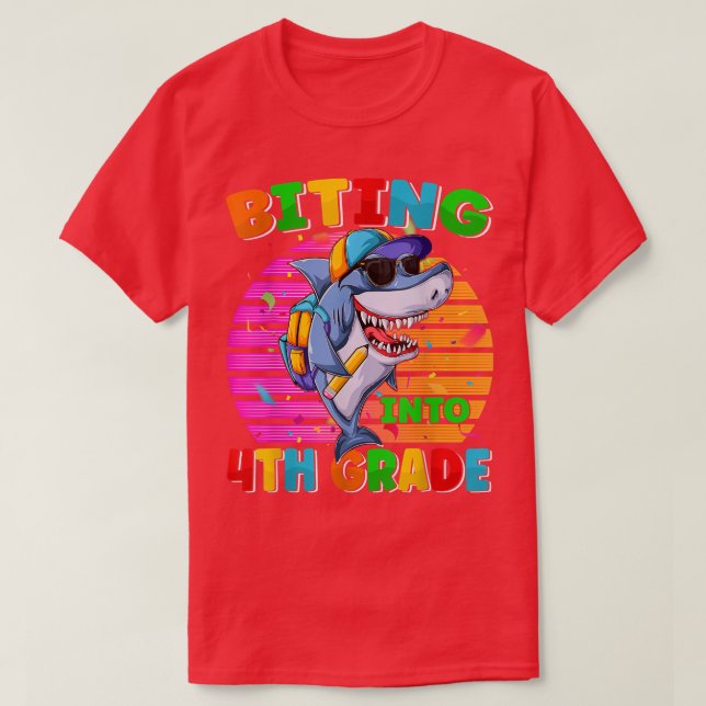 Camiseta Funy Biting Into Fourth Grade Back To School Shark (Frente do Design)