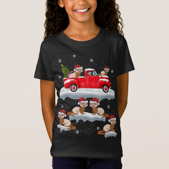 Camiseta Furões Dirigindo Árvore De Natal Red Truck Ferret  (Frente)