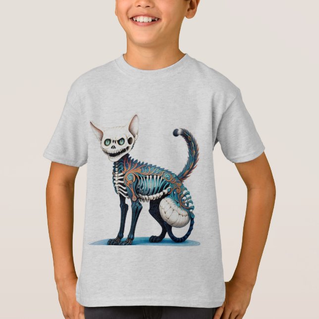 Camiseta Fusão do Esqueleto Cat - Arte Hiperdetalhada (Frente)