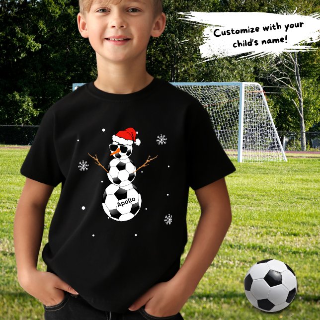Camiseta Futebol Ball Snowman Santa Hat com nome de criança (Criador carregado)