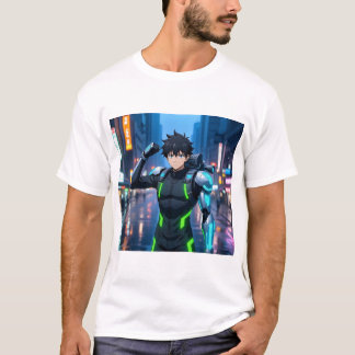 Camiseta Futuristic Anime Cyborg Boy in Neon City – Sci-Fi 