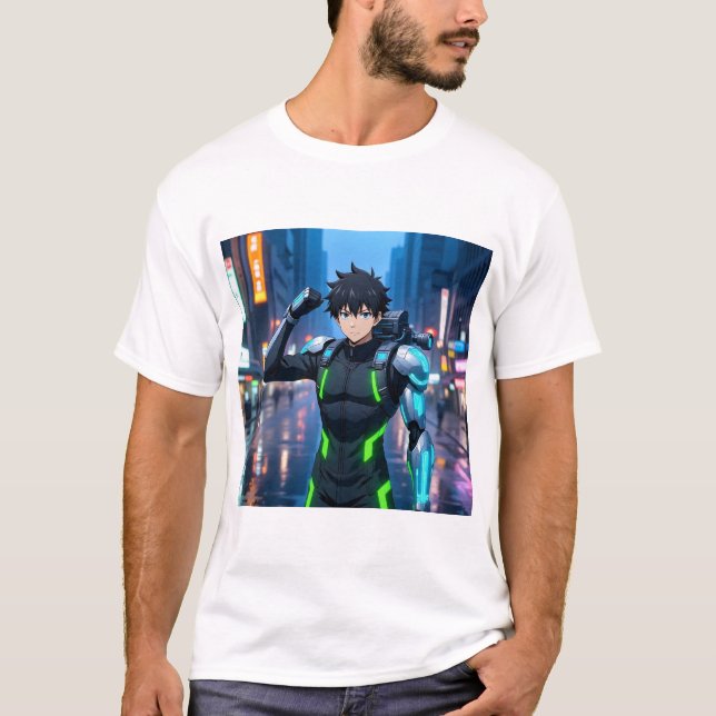 Camiseta Futuristic Anime Cyborg Boy in Neon City – Sci-Fi  (Frente)