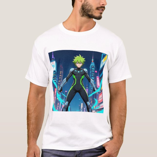 Camiseta Futuristic Green-Haired Anime Hero in Cyberpunk Ci (Frente)