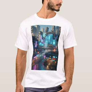 Camiseta Futurística de paisagem urbana de Neon Cyberpunk