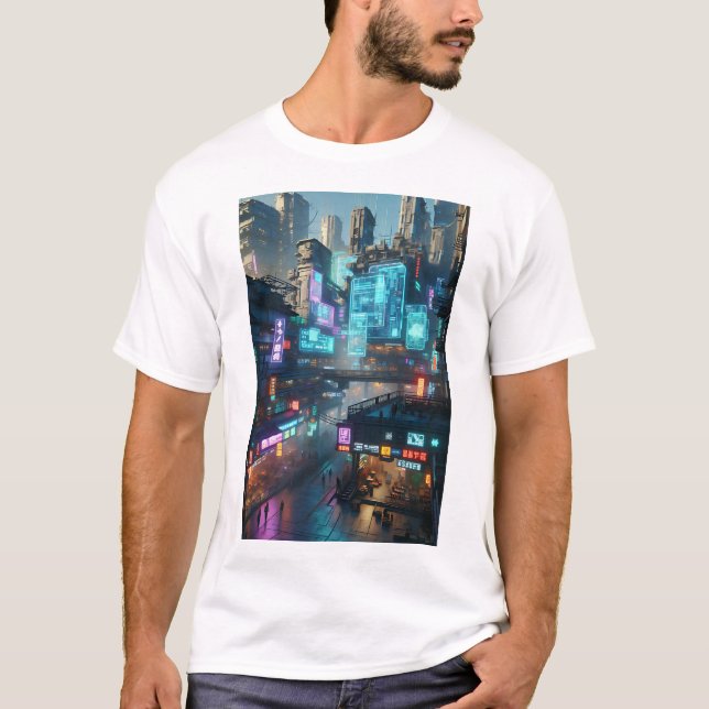 Camiseta Futurística de paisagem urbana de Neon Cyberpunk (Frente)