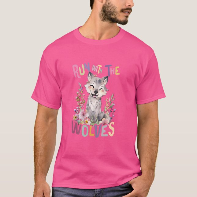 Camiseta futuro lobo alfa com lobos giros e flores (Frente)